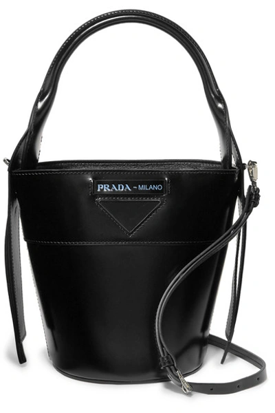 Shop Prada Overture Embossed Glossed-leather Bucket Bag In Black