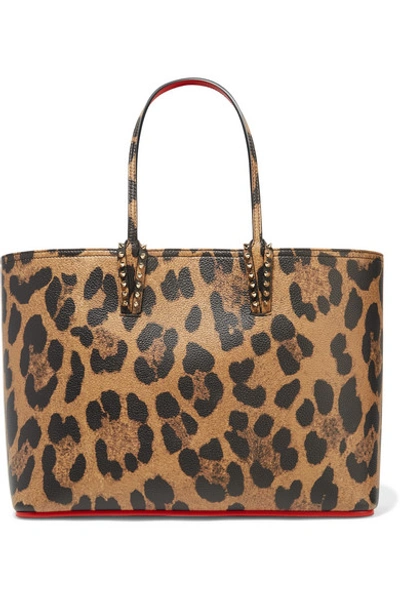 Shop Christian Louboutin Cabata Spiked Leopard-print Textured-leather Tote In Leopard Print