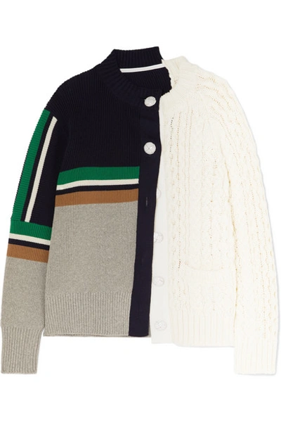 Shop Sacai Paneled Cable-knit Cotton-blend Cardigan In White