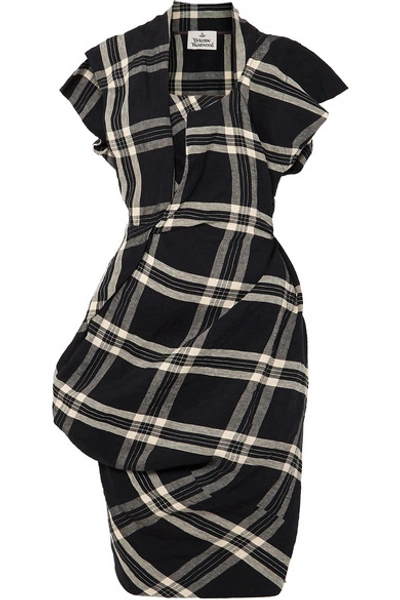 Shop Vivienne Westwood Draped Plaid Linen Dress In Black