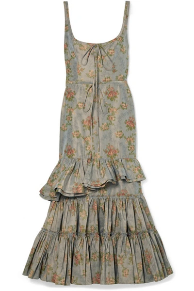 Shop Brock Collection Onilde Tiered Floral-print Cotton-blend Poplin Maxi Dress In Gray Green