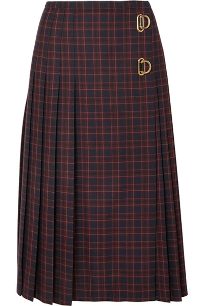 Shop Burberry Pleated Checked Wool Skirt In Navy