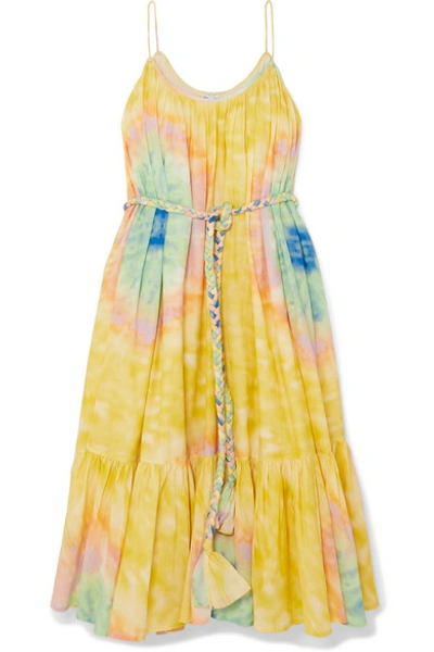 Shop Rhode Lea Belted Tie-dyed Cotton-voile Midi Dress In Yellow