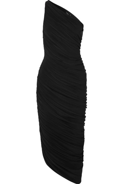 Shop Norma Kamali Diana One-shoulder Ruched Stretch-jersey Dress In Black