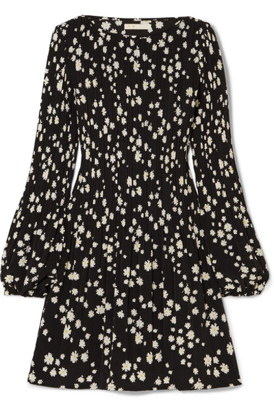 Shop Maje Pleated Floral-print Crepe Mini Dress In Black