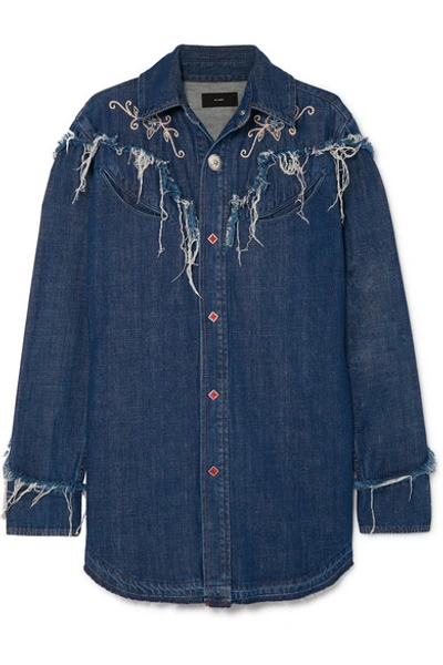 Shop Alanui Embroidered Distressed Denim Shirt In Dark Denim