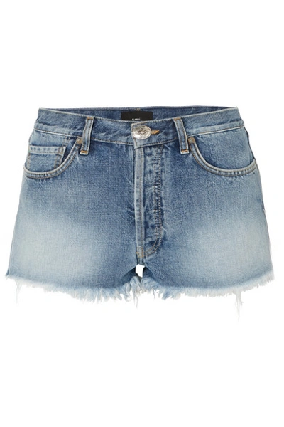 Shop Alanui Embroidered Distressed Denim Shorts In Mid Denim