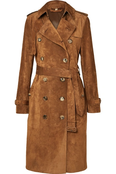 Shop Burberry The Haddington Double-breasted Suede Trench Coat In Brown