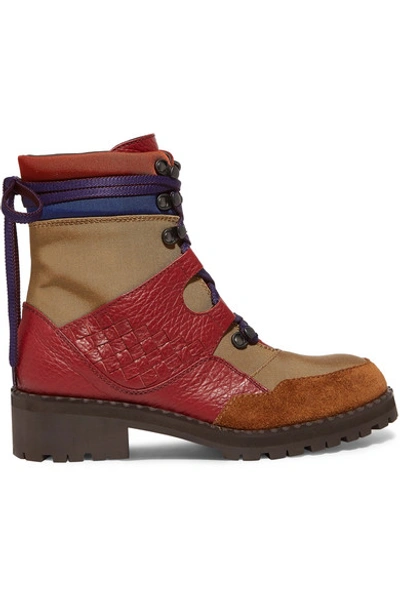 Shop Bottega Veneta Intrecciato Color-block Canvas, Textured-leather And Suede Ankle Boots In Red
