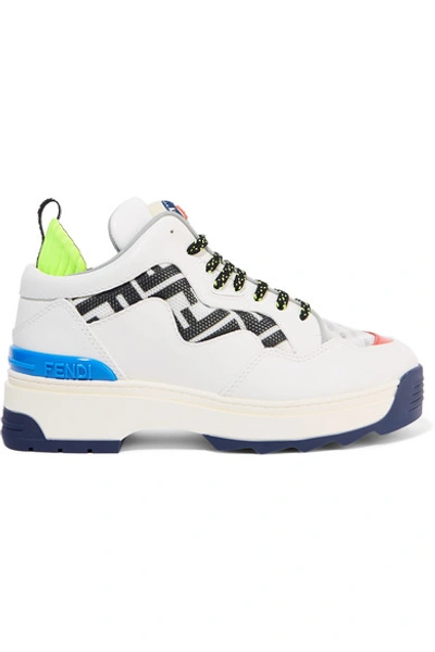 Shop Fendi Holographic Logo-detailed Rubber-trimmed Leather And Mesh Sneakers In White