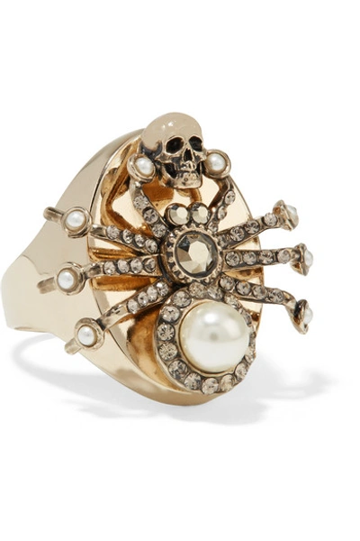 Shop Alexander Mcqueen Gold-plated, Swarovski Crystal And Faux Pearl Ring
