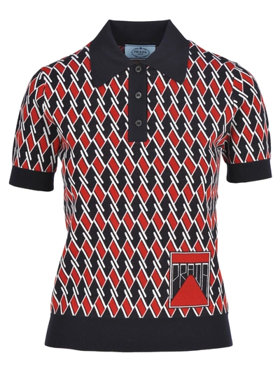 Shop Prada Jacquard Polo Shirt In Red Blue