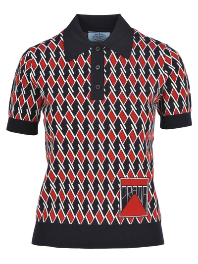 Shop Prada Jacquard Polo Shirt In Red Blue
