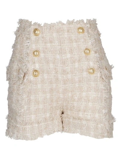 Shop Balmain Button Embellished Shorts In Beige
