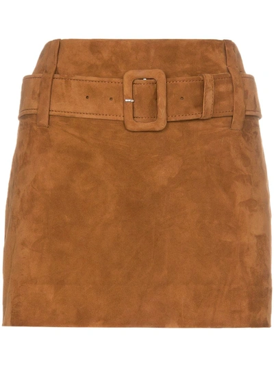 Shop Prada Belted Suede Mini Skirt - Brown