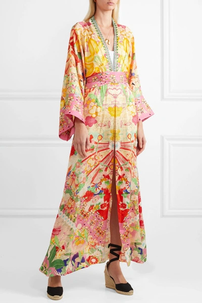 Shop Camilla Embellished Printed Silk Crepe De Chine Robe In Yellow