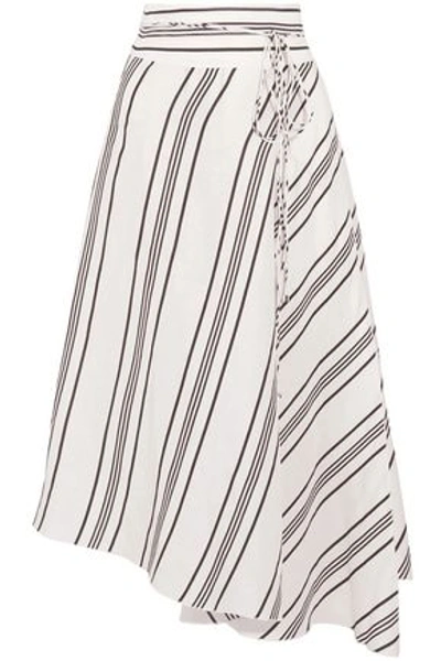 Shop Apiece Apart Woman Wrap-effect Striped Linen And Silk-blend Midi Skirt Off-white