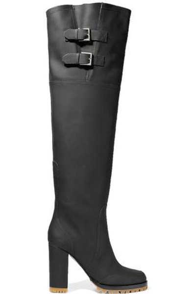 Shop Valentino Garavani Woman Buckled Rubber Over-the-knee Boots Black
