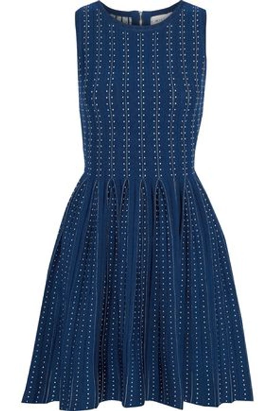 Shop Milly Woman Pleated Polka-dot Jacquard-knit Dress Navy