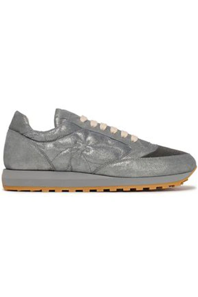 Shop Brunello Cucinelli Woman Bead-embellished Metallic Suede Sneakers Gray