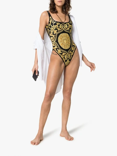 Shop Versace Backless Baroque Print Swimsuit In Black