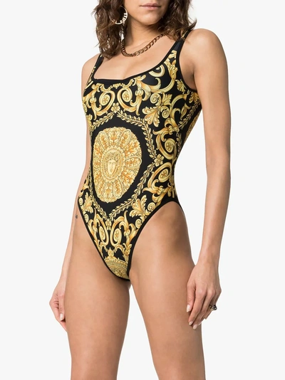 Shop Versace Backless Baroque Print Swimsuit In Black