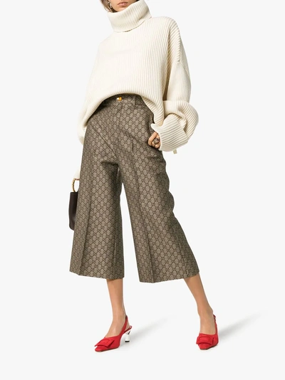 Shop Gucci Gg Jacquard Wide Leg Cotton Wool Blend Trousers In 9032 Brown