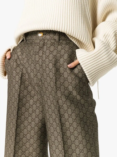 Shop Gucci Gg Jacquard Wide Leg Cotton Wool Blend Trousers In 9032 Brown