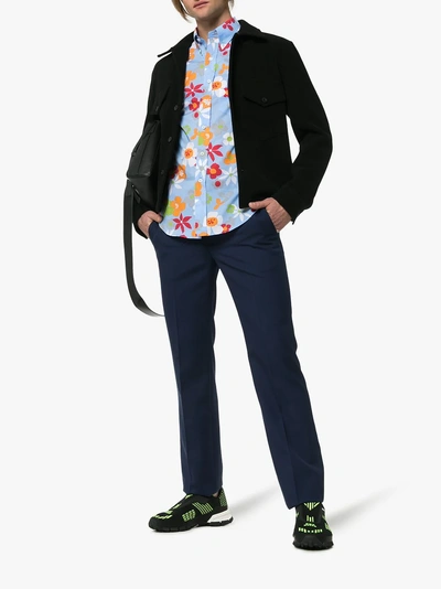 Shop Prada Floral Print Cotton Shirt In Blue