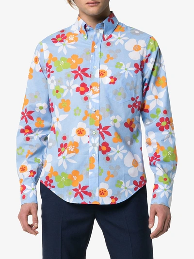 Shop Prada Floral Print Cotton Shirt In Blue