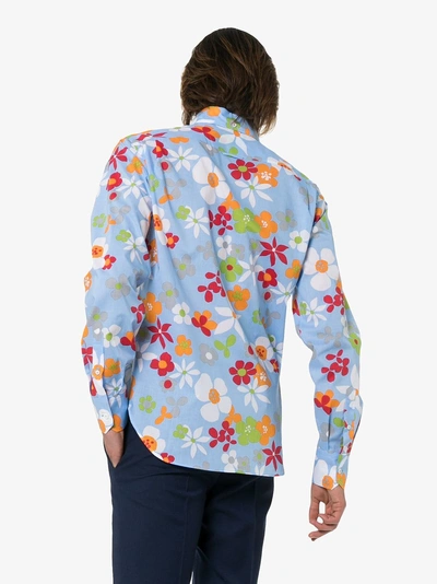 Shop Prada Floral Print Cotton Shirt In Blue