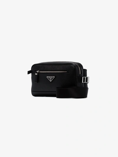 Shop Prada Black Logo Saffiano Leather Belt Bag In F0002 Black