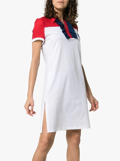 Shop Prada Ruffle Front Polo Zip Cotton-silk Blend Dress In F0xwt  Rosso Bianco Indigo