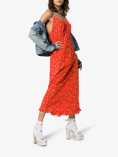 Shop Miu Miu Star Print Chain Strap Silk Dress In F0011  Red