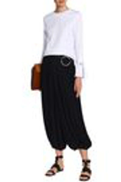 Shop Chloé Woman Cropped Pleated Georgette Wide-leg Pants Midnight Blue