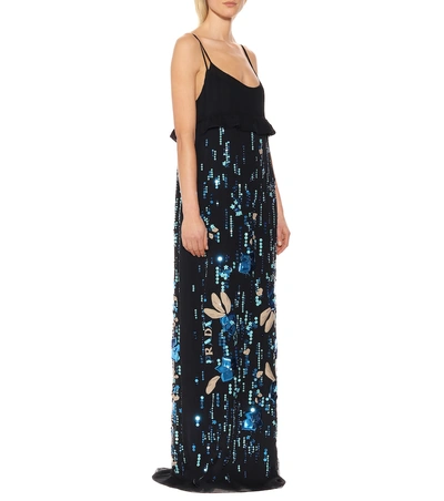 Prada Sleeveless Floral-embroidered Maxi Dress In Blue | ModeSens