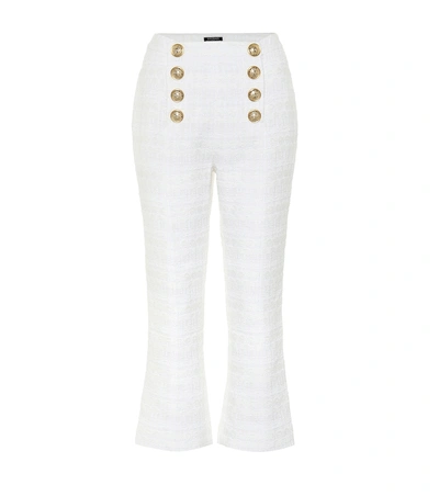 Shop Balmain Embellished High-rise Pants In White