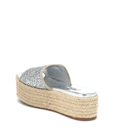 Shop Miu Miu Glitter Platform Espadrille Slides In Silver