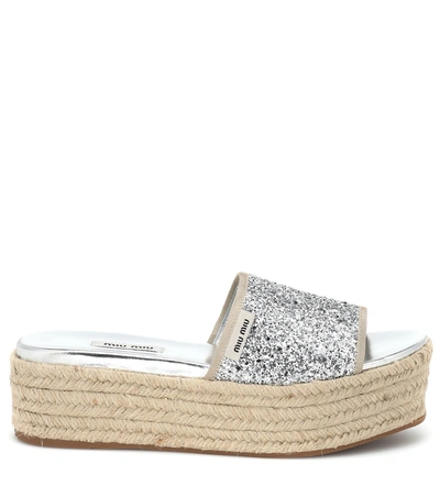 Shop Miu Miu Glitter Platform Espadrille Slides In Silver