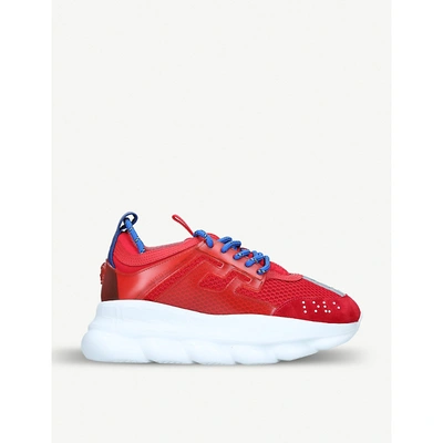 Shop Versace Chain Reaction Leather And Mesh Trainers In Red/other