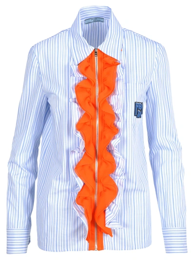 Shop Prada Ruffle-trimmed Shirt In Light Blue + Orange