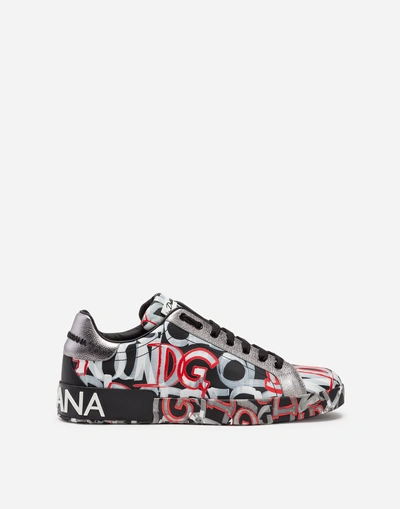 Shop Dolce & Gabbana Portofino Sneakers In Printed Nappa Calfskin In Black