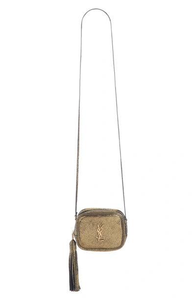 Shop Saint Laurent Mini Blogger Metallic Crackled Leather Crossbody Bag In Dark Gold/ Noir