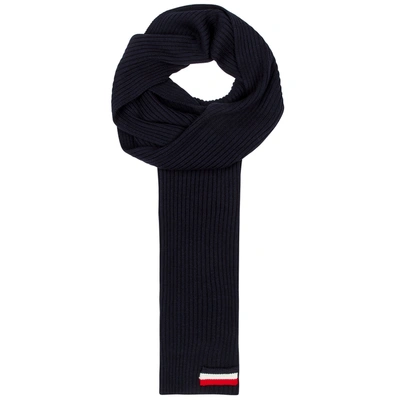 Shop Moncler Navy Ribbed-knit Wool Scarf