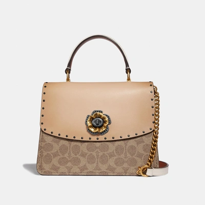 Shop Coach Parker Top Handle In Signature Canvas With Rivets In Tan Beechwood/pewter