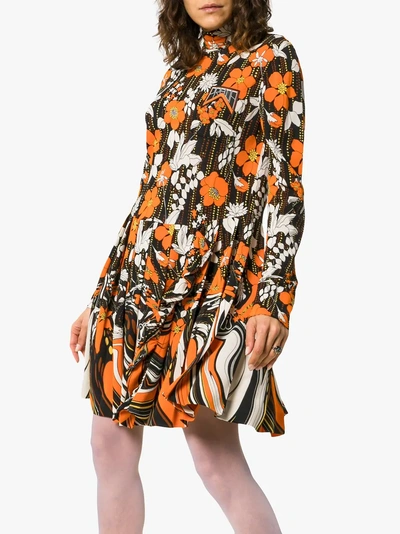 Shop Prada Floral Print Turtleneck Mini Dress In F0049 Arancio