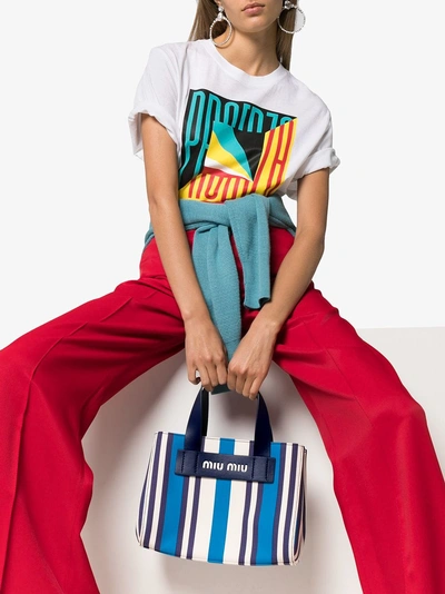 Shop Miu Miu Blue Small Striped Canvas Tote Bag