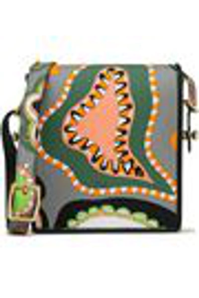 Shop Emilio Pucci Leather-trimmed Printed Silk-twill Shoulder Bag In Gray