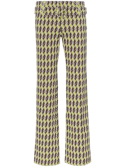 Shop Prada High Waist Geometric Print Belted Trousers - Green