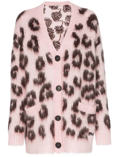 Shop Miu Miu Leopard Print Mohair-wool Blend Cardigan - Pink